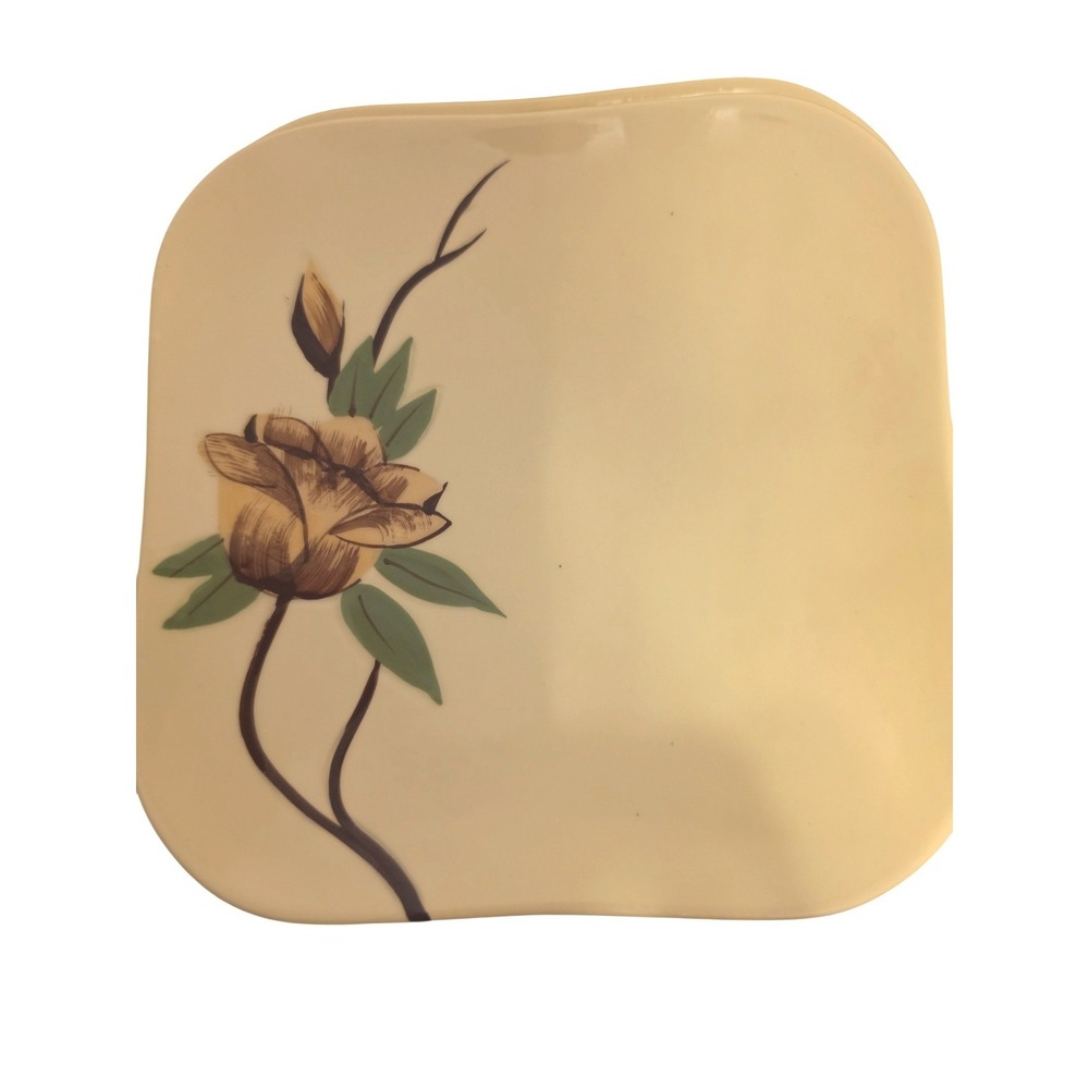 Vintage Yellow Rose Weil Ware Calif Pottery Hand Decorated Square Floral Plate‎